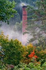 Old chimney in foggy morning