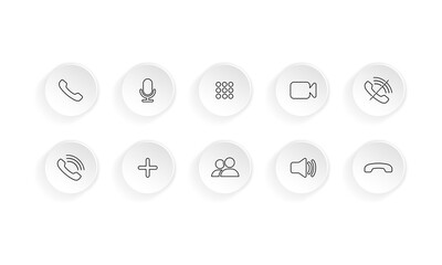 Video call icon set. Communication symbol. Phone, sound, microphone, camera, call symbols. Vector on isolated white background for applications, web, app. EPS 10