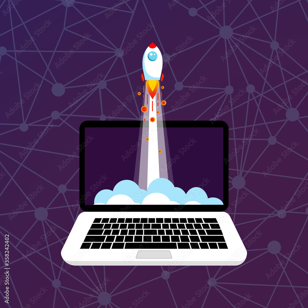 Poster laptop with rocket ship in a flat style. start up concept. development process. innovation product, 