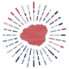 Sketch map of Kauai. Sunburst around the island in flag colors. Hand drawn Kauai shape with sun rays on white background. Vector illustration.