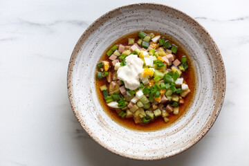 Cold traditional Russian and Ukraine Soup Okroshka