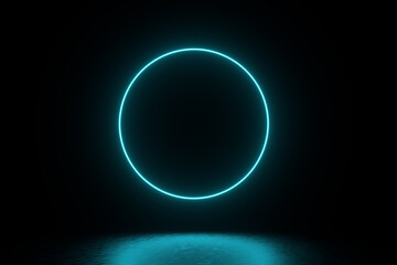 3D Rendering Illustration. Futuristic Sci Fi Dark Empty Room With Neon Glowing. 3D abstract background with neon lights. 