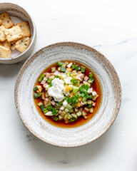 Cold traditional Russian and Ukraine Soup Okroshka