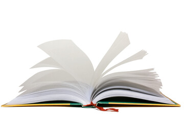 Isolated open book on the white. knowledge and wisdom concept. Open hardcover book with turning pages