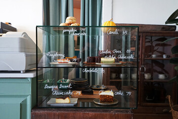 Interior bar design and decoration of coffee cafe and pastry shop decorated with counter box...