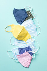 Various Face masks for protection virus, flu, coronavirus, COVID-19. Medical masks and cotton reusable masks.