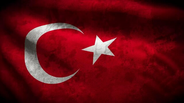 60FPS dark grunge Turkey flag colored in red, white with shabby fabric texture waving, UHD 4k 3d seamless looping animation