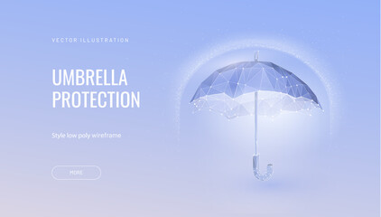 Umbrella shield. Low poly wireframe style. The concept of protection and isolation from external risk factors. Polygonal abstract isolated on blue background. Vector © Lagunova