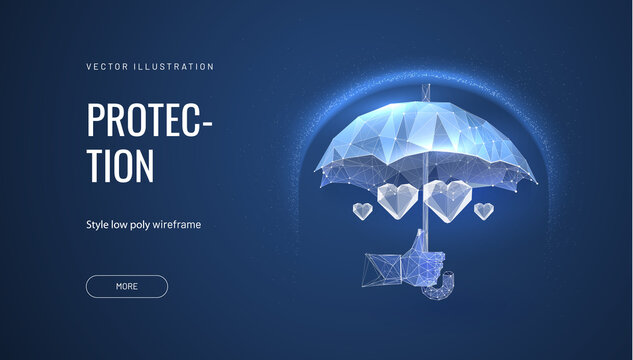 Health insurance concept on blue background. Umbrella polygonal, protecting the heart. Doctor holding an umbrella, person protecting the heart, symbolizing safety or life savings