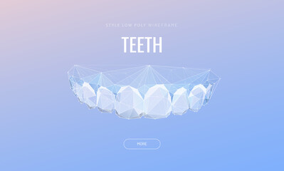 Human jaw low poly wireframe landing page template. 3d teeth mesh art illustration. Dentist, orthodontic services polygonal banner. Mouth cavity hygiene promotional website page design layout