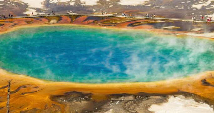 Lockdown time lapse shot of tourists visiting Grand Prismatic Spring on sunny day - Yellowstone National Park, Wyoming