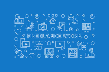 Fototapeta premium Freelance Work vector concept outline horizontal banner or illustration on blue background