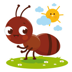 Cute cartoon ant in the grass. Vector illustration