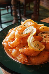 Close up plate of Fish and chips served with Tartare dipping sauce