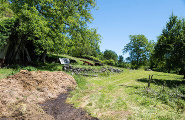 A mountain meadow: on the left a pile of manure, in the center two trolleys for transport. Beautiful sunny day with blue sky. Intense green nature.