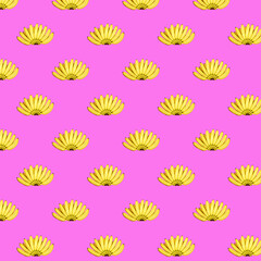 Seamless pattern of a bunch of yellow bananas on a pink background. The concept of food, summer.