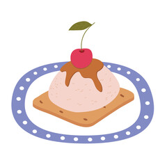 Vector cake with cookies, souffle and cherry on a plate with a blue edge. 