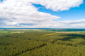 Fototapeta na wymiar Rural landscape, aerial view, skyview of countryside and pine forest with partially cloudy sky
