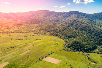 Panoramic view of mountains ridge at sunset light. Beautiful nature landscape. Europe, Carpathian mountains