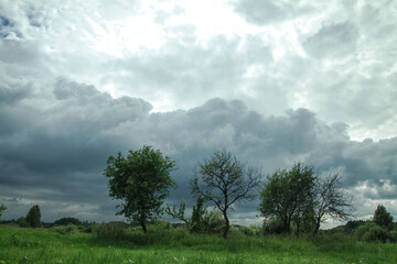 Obraz premium Thunderous epic clouds in a field near the old garden. Stock photo background with heaven.