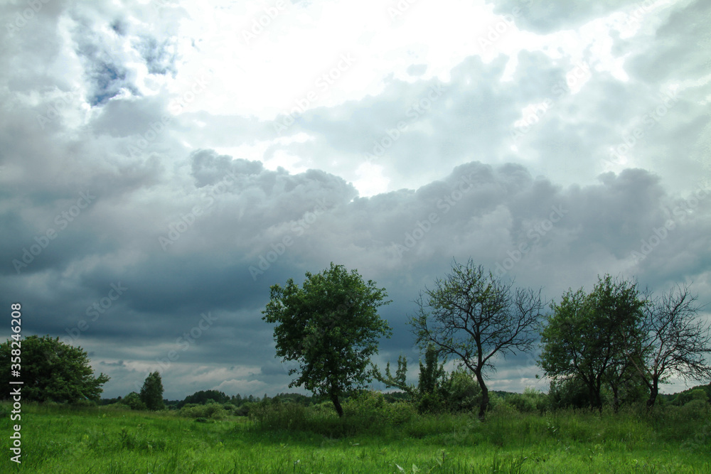Wall mural thunderous epic clouds in a field near the old garden. stock photo background with heaven.