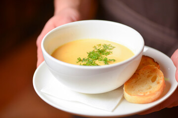 A waiter wearing plaid uniform serving a bowl of hot soup in a restaurant. Concept for a tasty and healthy meal.