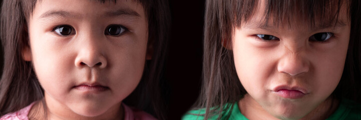 Portrait half face of Asian sibling child girls with sad and angry expression on dark background.