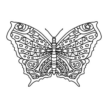 Coloring page with beautiful butterfly for adults and older children. A butterfly in anistress lengths. Coloring, contour drawing, line art. Coloring book series with insects for printing