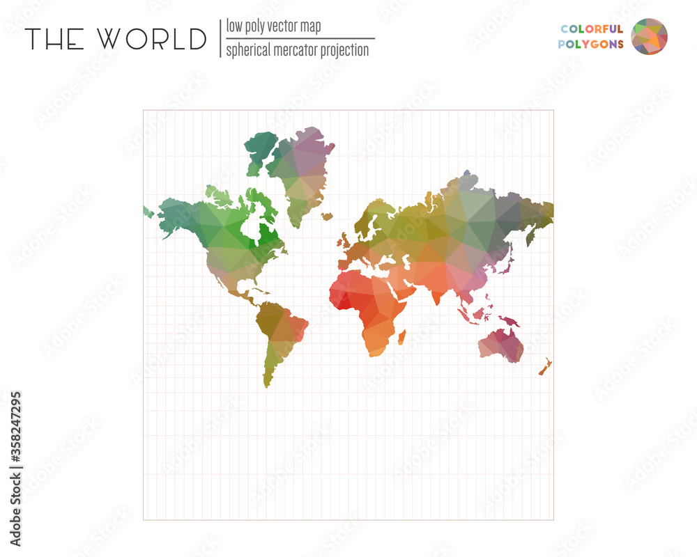 Aufkleber world map with vibrant triangles. spherical mercator projection of the world. colorful polygons. nea