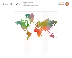 World map with vibrant triangles. Spherical Mercator projection of the world. Colorful colored polygons. Neat vector illustration.