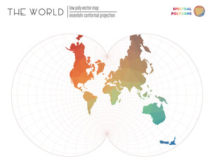 World map in polygonal style. Eisenlohr conformal projection of the world. Spectral colored polygons. Energetic vector illustration.