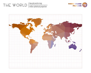 Vector map of the world. Miller cylindrical projection of the world. Purple Orange colored polygons. Elegant vector illustration.