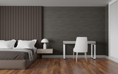 3d rendering of a beige modern bedroom interior with furniture
