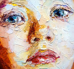 The surprised face of a child with large blue eyes, created in an expressive manner using palette knife technique of oil painting and brush.