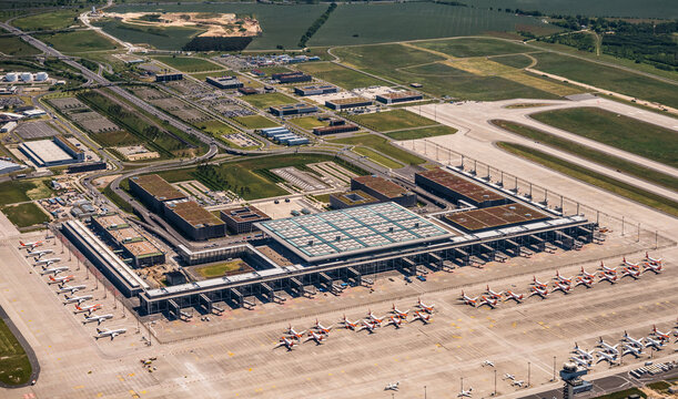 Berlin, June 2020, Due to coronavirus pandemic, Lufthansa, Easyjet and Ryanair  have parked airplanes at the new Berlin Brandenburg Airport (BER) which is not open for flight operation yet.