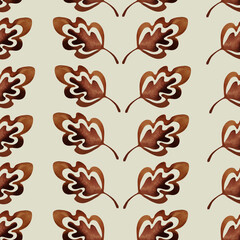 Seamless pattern. Illustration of brown watercolor leaves on a beige background. Drawing for printing, textiles, scrapbooking, wallpapers, bedding, design of postcards, banners, shop windows, websites