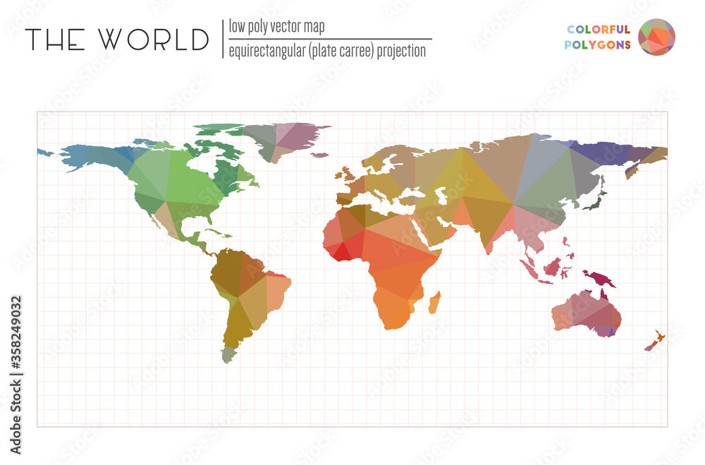 Poster triangular mesh of the world. equirectangular (plate carree) projection of the world. colorful color