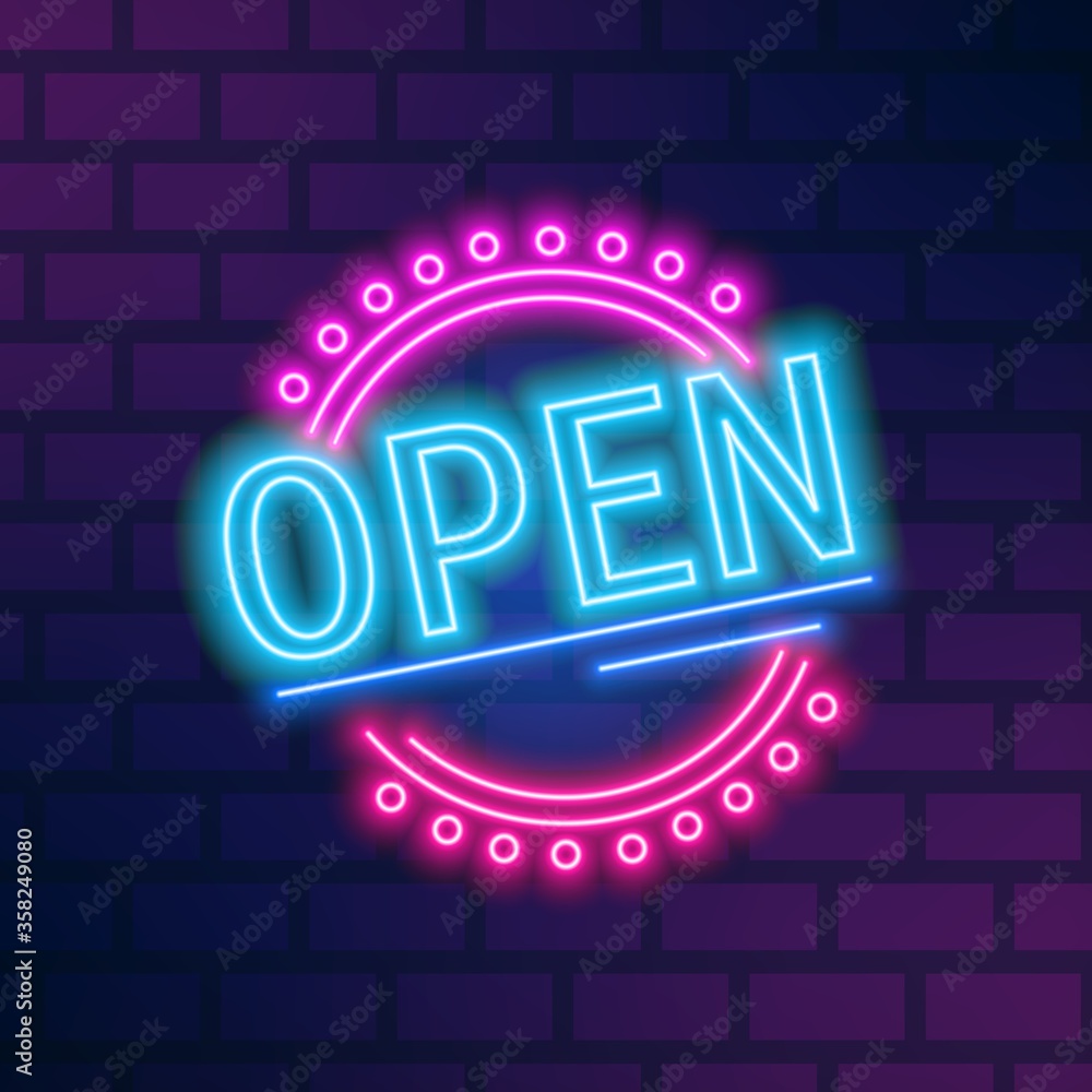 Poster colorful neon signboard open vector flat illustration. bright glowing inscription in circle with des