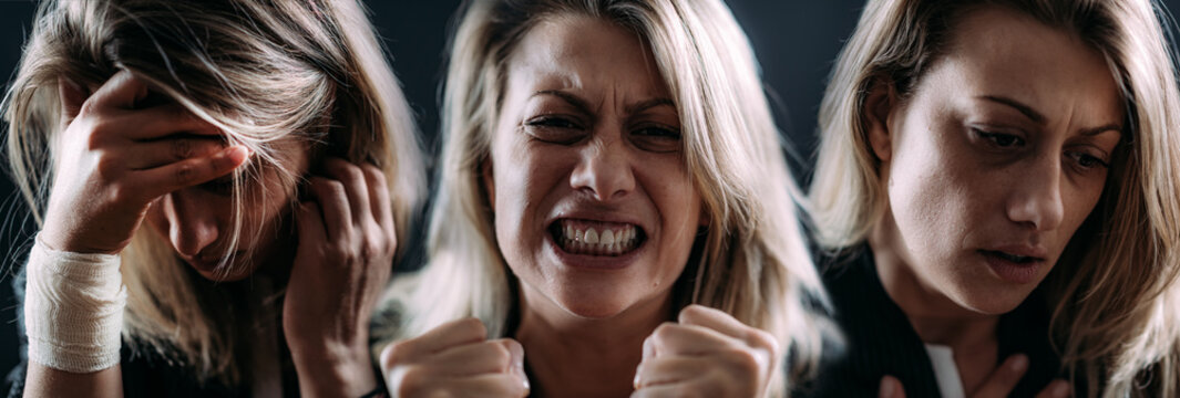 PTSD or Post Traumatic Stress Disorder Collage. Woman expressing different negative emotions like depression, anger and sadness.