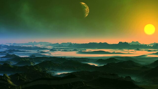 Bright Sunrise over an Alien Planet. A bright yellow sun rises from the misty horizon. In the dark starry sky, a nebula and a planet. Dark cliffs stand among blue fog.