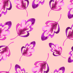 Fototapeta na wymiar Seamless pattern.Illustration of purple watercolor leaves on a pink background. Drawing for printing, textiles, scrapbooking, wallpapers, bedding, design of postcards, banners, shop windows, websites.
