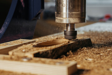 Machine tool in wood factory with drilling cnc machines. Computer numerical control