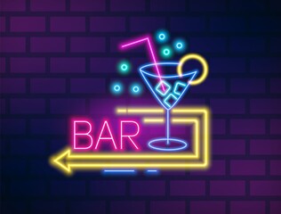 Colorful neon bar signboard with martini glass and arrow vector flat illustration. Bright glowing party symbol with inscription isolated on brick wall background. Nightlife sign with design elements