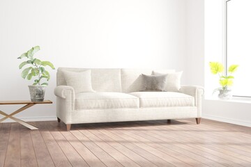 Fototapeta na wymiar modern room with sofa,pillows and plants in pots interior design. 3D illustration