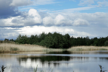 landscape rainy sky over the river on the background of the forest