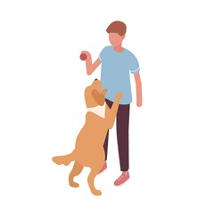 Guy playing with dog hold ball vector isometric illustration. Colorful owner and pet having fun together isolated on white. Doggy stand on rear paws. Friendship between man and domestic animal