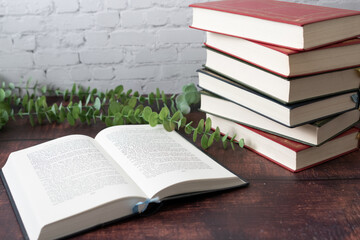 濃い目のテーブルの上に乗った分厚い書籍