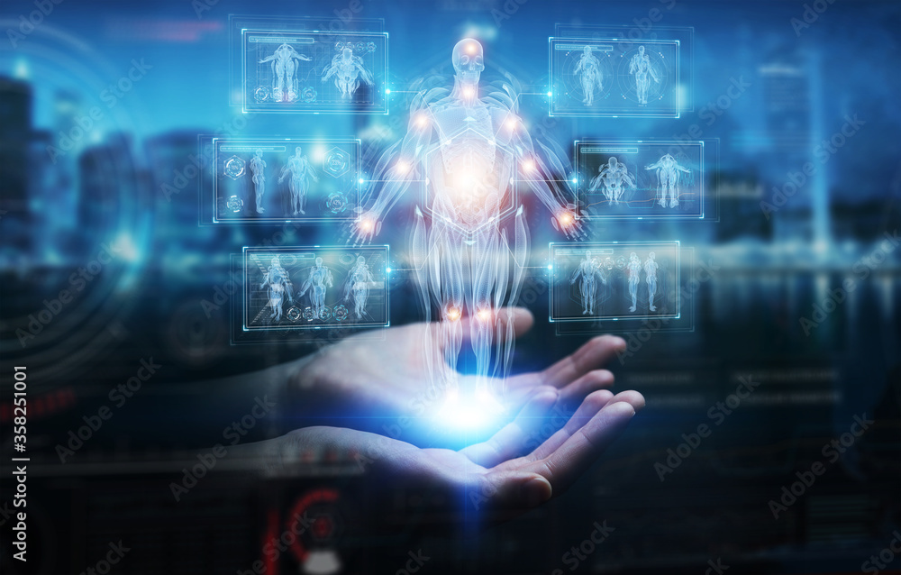 Aufkleber Man hand using digital x-ray human body holographic scan projection 3D rendering