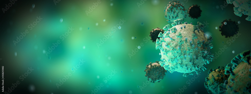 Poster microscopic close-up of the covid-19 disease. coronavirus illness spreading in body cell. 2019-ncov 
