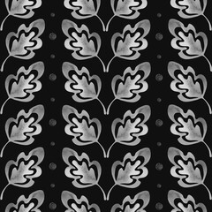 Seamless pattern.Illustration of gray watercolor leaves on a black background. Drawing for printing, textiles, scrapbooking, wallpapers, bedding, design of postcards, banners, shop windows, websites.